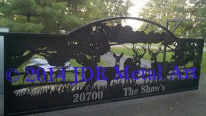 Missouri wildlife driveway gates featuring deer silhouette plasma cut by JDR Metal Art.
