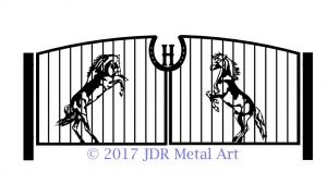Design of rearing horses on a driveway gate.