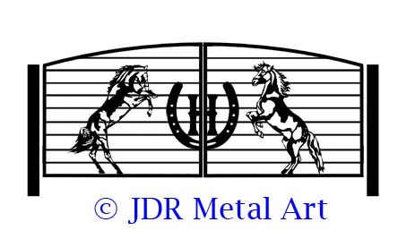 Driveway gates with rearing horses design theme.