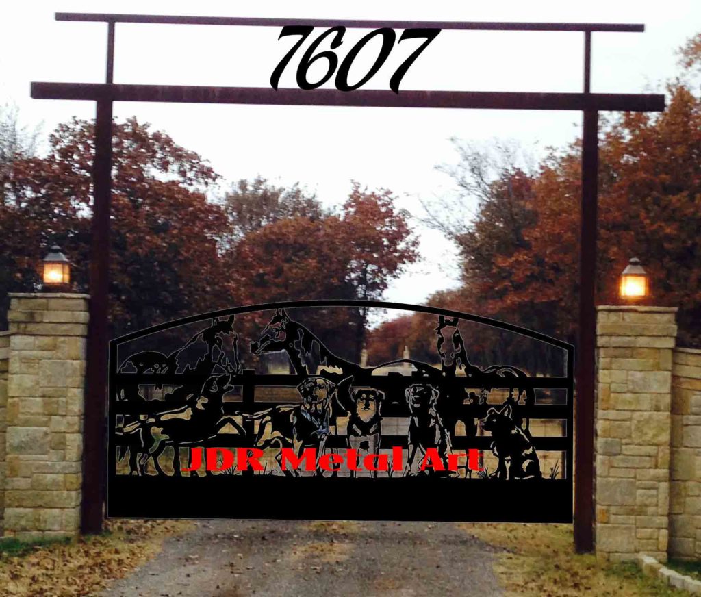 Oklahoma City, Oklahoma driveway gates with custom horse and dog design.