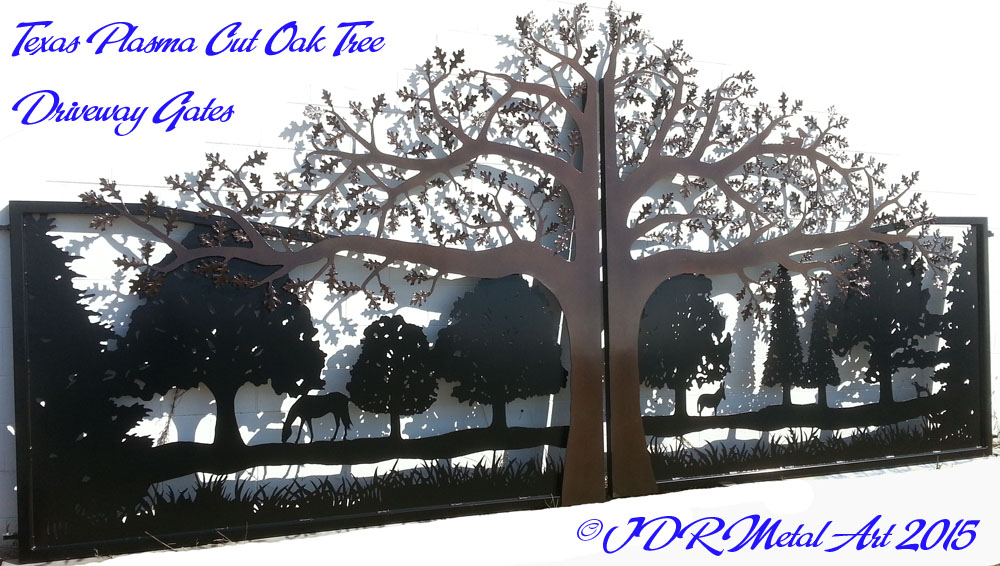 Texas driveway gates featuring plasma cut oak trees, horse, mule and a dog silhouette.