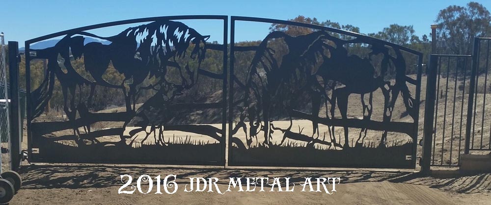 driveway gates in southern california featuring horses and dog silhouettes.