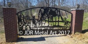 Driveway gate with Louisville, KY horse theme