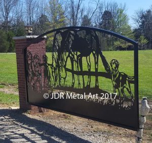Driveway gates for Louisville Kentucky property. Horses and dogs grace this design with a hill in the background.
