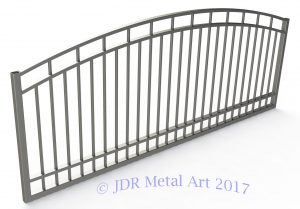 10 foot arched driveway gate with pickets for heavy duty security.