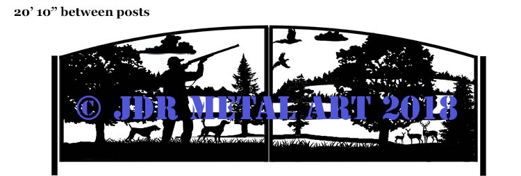 Design of driveway gates with hunting dogs, hunter, pheasants, clouds, trees and deer in hills background nature scene.