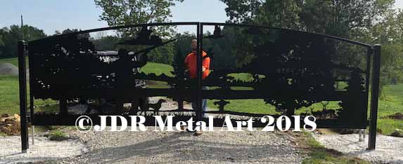 Hunting driveway gate silhouette theme that has been plasma cut from steel.