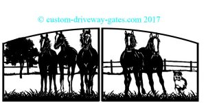 Custom driveway gate design with horses and dog silhouettes.