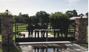 Centerline Farm equine themed entry gates plasma cut by JDR Metal Art installed by Johnson Gate Openers 2018