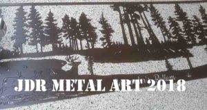 Custom metal sign with deer jumping fallen tree pine swamp scene