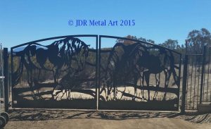 California Driveway Security Gate with Horses and dog silhouettes by JDR Metal Art 2016 unsmushed Copy Copy Copy