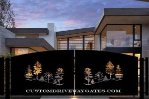 Modern driveway gate with tree design, silhouettes plasma cut into the design and gate hinges and posts with a residence in the background.