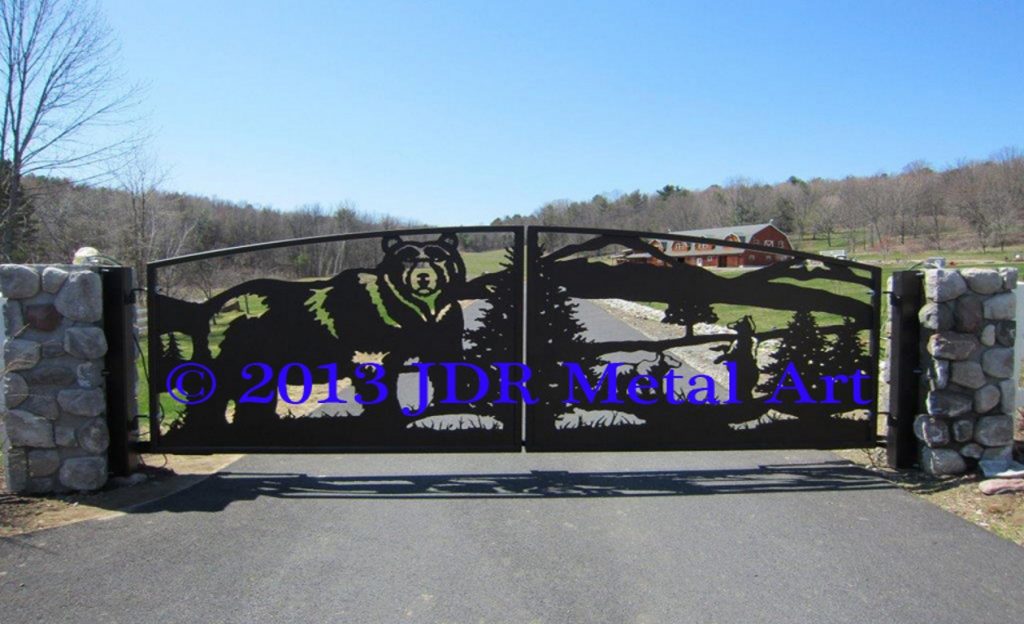 Wildlife Driveway Gates - custom Plasma Cut Wildlife Designs & Wild animal designs 8 New York driveway gates with bear wildlife scene and stone columns.
