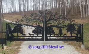 Drive Entry Gate with Ornamental Tree of Life and Cattle Farm Scene Plasma Cut by JDR Metal Art e1465662749744