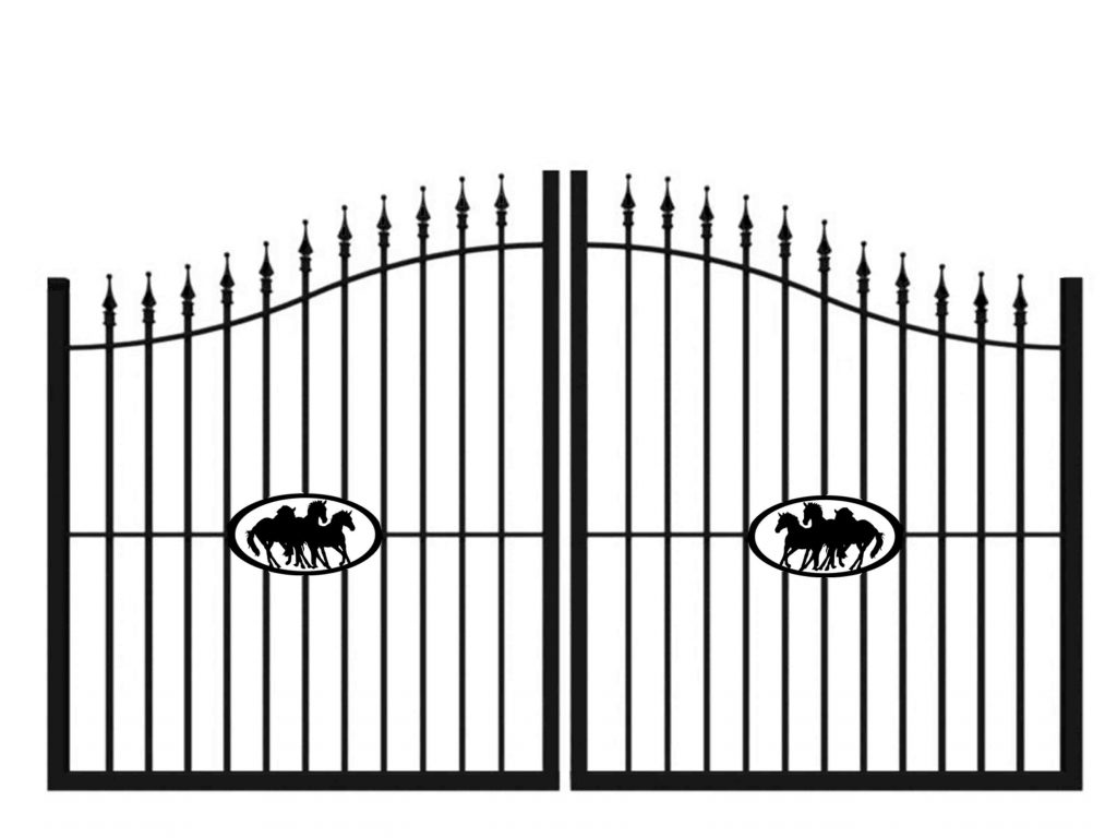 Estate gate with pickets, spears and custom horse design.