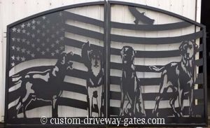 American flag driveway gates with dogs plasma cut from steel with arched tops.