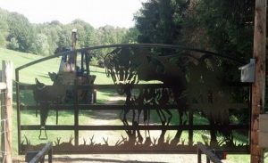 metal art driveway gate with mare and foal saddle on fence. e1545709241870