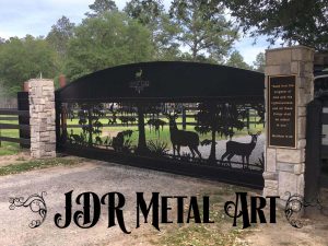 Sliding aluminum gate, 20' wide. designed by JDR Metal Art.