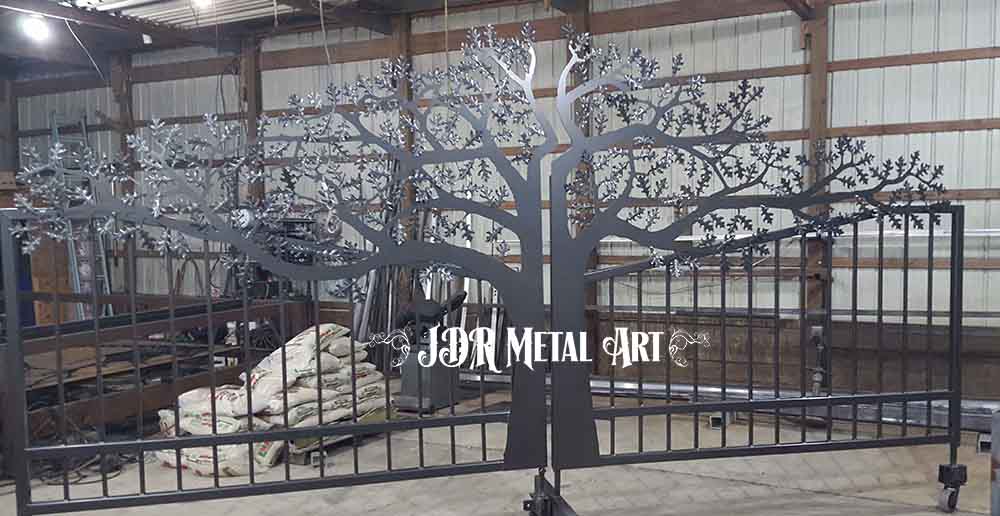 Bronze powder coated iron oak tree gate, 18' wide x 7'6" tall in the center.