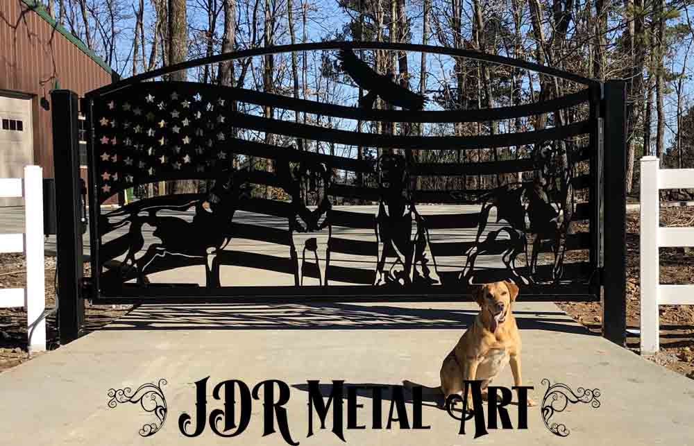 Ornamental driveway gates with flag themed dog design.