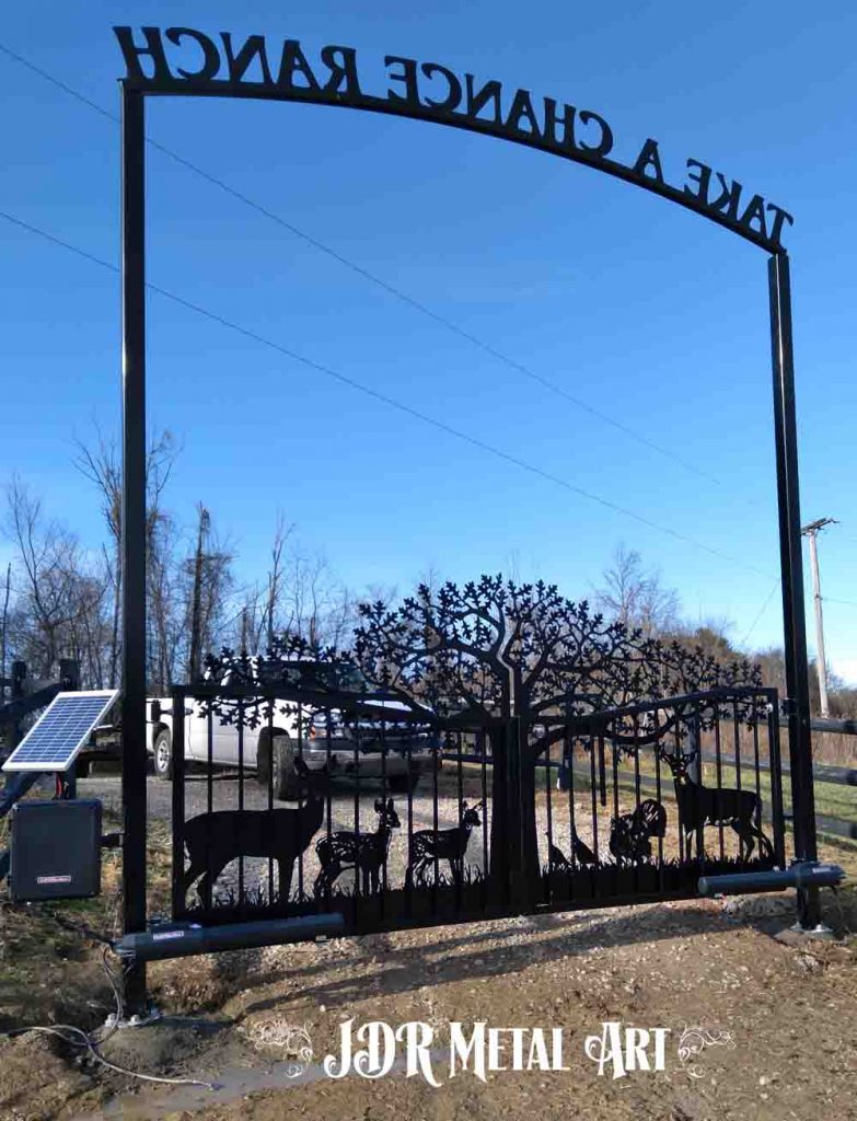 Back view of 12 dual swing driveway gates with Liftmaster LA 500 dual swing gate opener