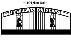 Driveway gates with doberman designs for business entrance.