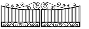 Heart shaped scrolls on swinging wrought iron driveway gates with pickets.