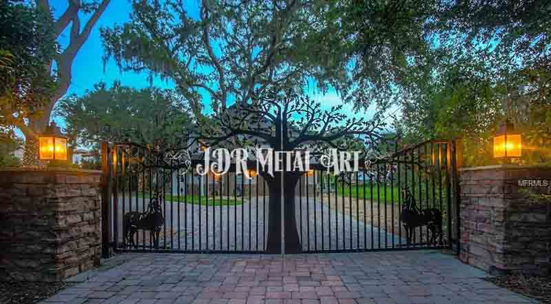 Driveway Gates for Orlando, Florida driveway entrance with horses and oak tree. Driveway Gate Posts