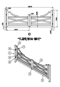 Traditional gate design drawing for 16' dual swing gate with 6x2 tubing frame and gate posts.
