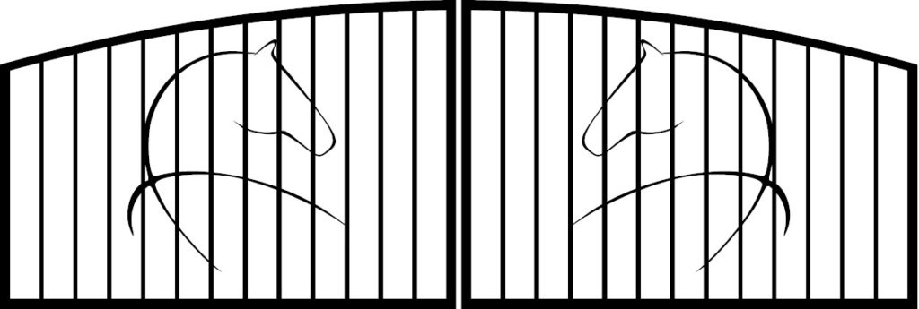 Dual swing driveway gate design with horse silhouettes.