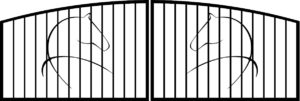 Dual swing driveway gate design with horse silhouettes.