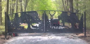 Driveway gates decorative plasma cut by JDR Metal Art whitetail deer dual swing scaled e1666898384566