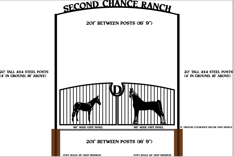 Metal driveway gate design with plasma cut horse and donkey silhouettes, overhead arch mounted to two 4x4 steel posts and dimensions of the project design.