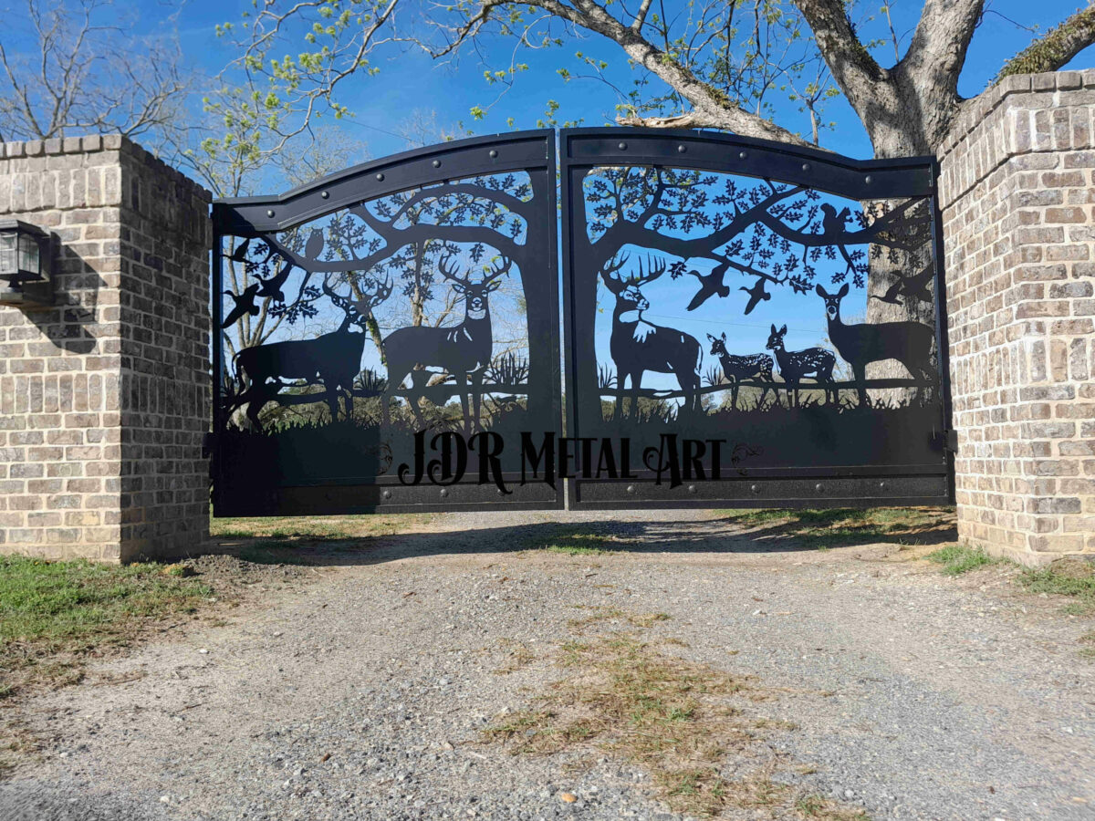 Oak tree and deer themed driveway gates for Valdosta for residence in Southern Georgia.