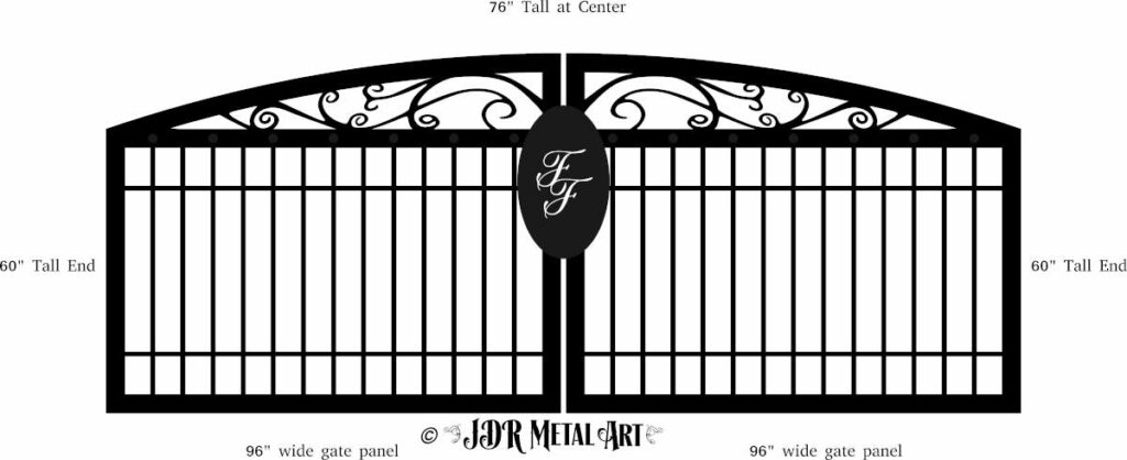 Driveway gate design with scrolls made of steel or aluminum and lettering on a plaque.