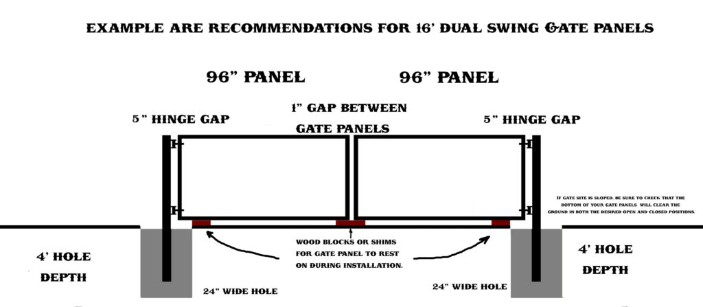 Manual for installation of driveway gates with driveway gate posts for dual swing driveway entrance gate near me by JDR Metal Art. Installation of driveway gates diagram dual swing JDR