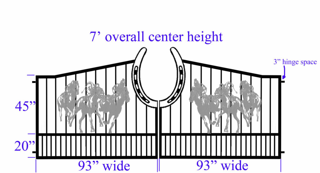Gate design for Lexington KY race horse themed driveway gate with horse shoe.