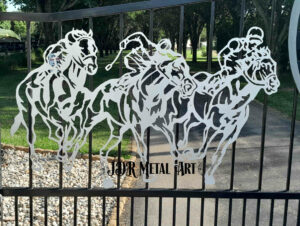 Lexington Kentucky driveway gates w thoroughbred racehorse design by JDR Metal Art 2023 2