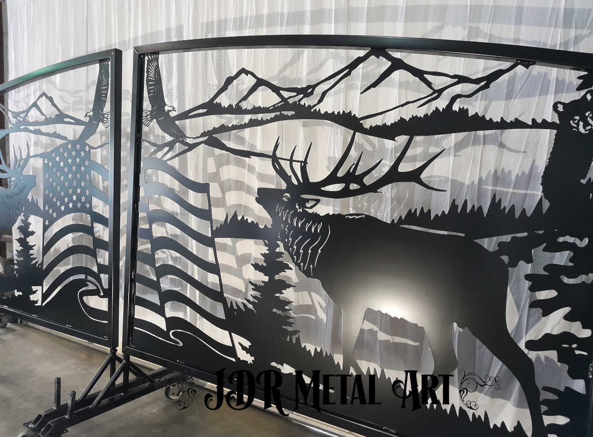 Driveway gates with plasma cut mountains, elk, bear and American flag.