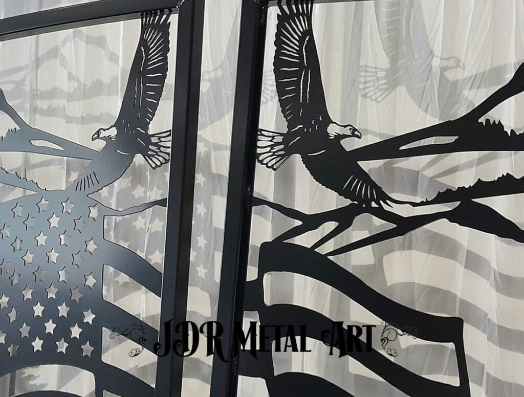 Metal art entry gates with eagle mountain pine and American flag design