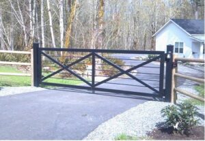 Driveway gate design idea with x bracing, horizontal pickets, rectangular tubing frame, steel or aluminum.