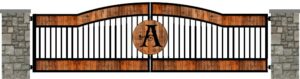 Decorative driveway gates with wood decorations and stone pillars for Atlanta entry gate.