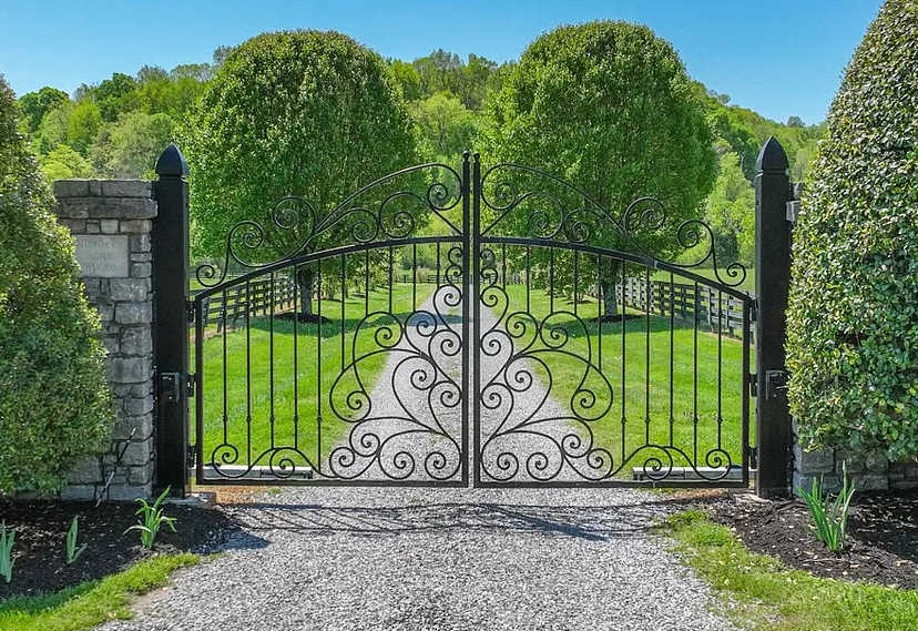 Atlanta wrought iron driveway gates with black finish for property entrance.