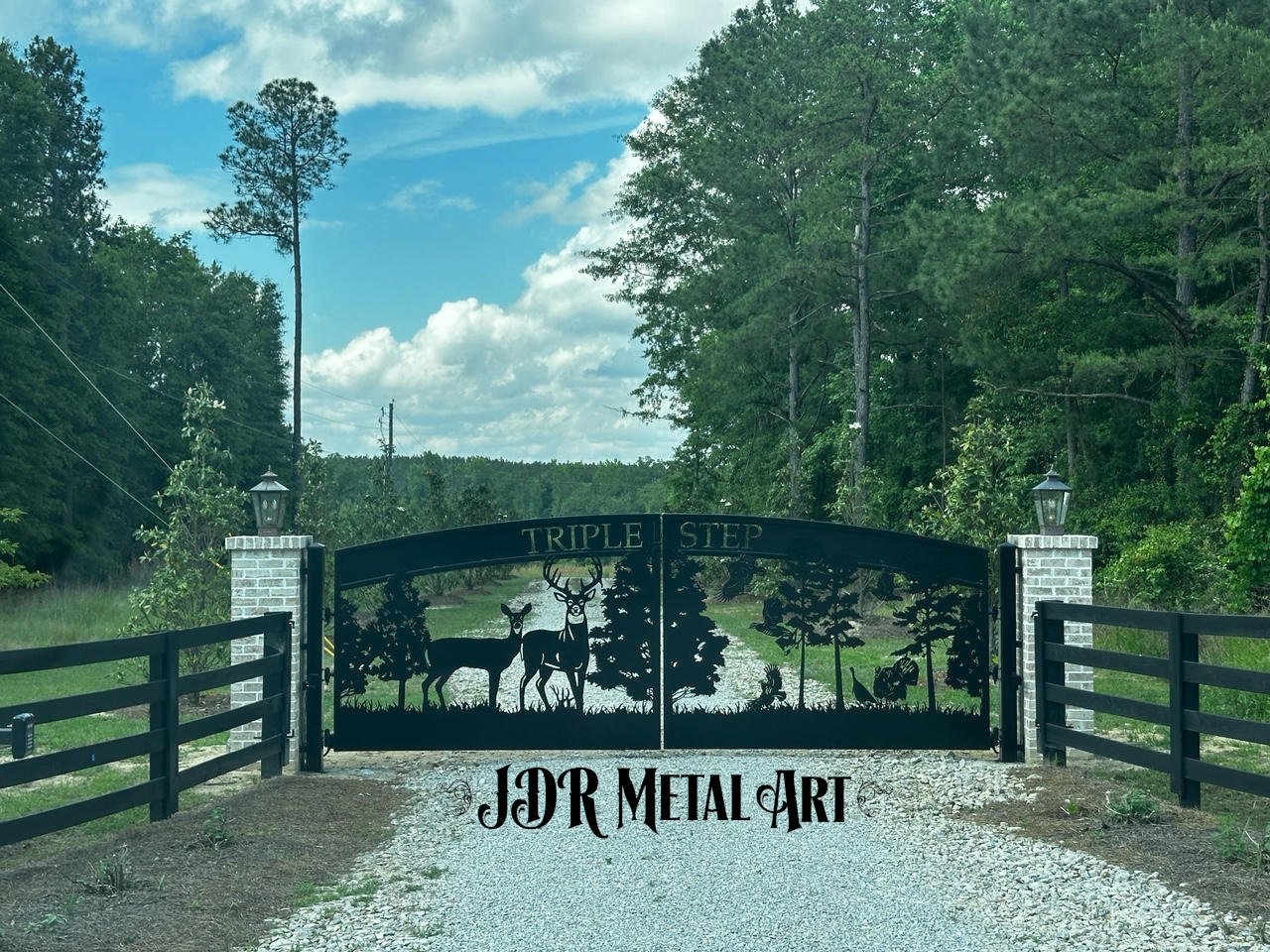 Atlanta driveway gates custom built from plasma cut steel with artistic gate design by JDR Metal Art. Atlanta driveway gates near me for iron driveway gate design ideas perfect for a ranch entrance.