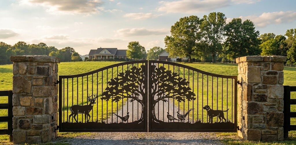 Custom driveway gates with oak tree and wildlife metal art design delivered to a Nashville, TN estate.