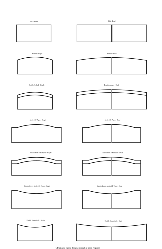Custom Driveway Gates by JDR Metal Art 3 Custom driveway gate frame templates for designing a driveway gate with options such as arched, tapered arch, upside down arch, double arches, etc which can be personalized to fit the size of each driveway entrance.