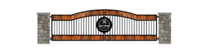 Driveway gate with steel or aluminum frame and cedar wood infill.