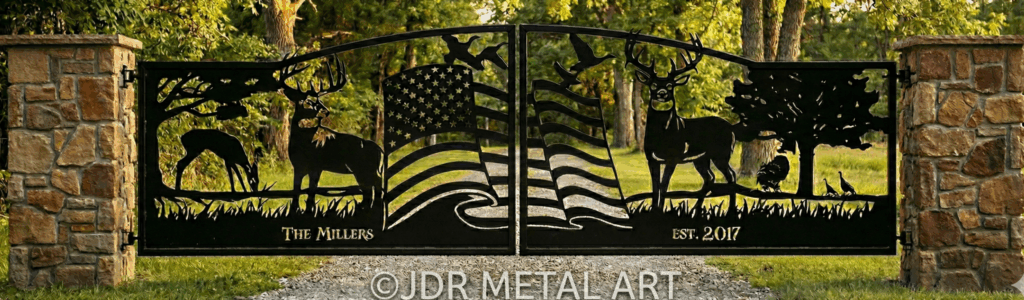 Driveway gate design with deer, flag, ducks, stone columns, a driveway, entrance, gates are black.