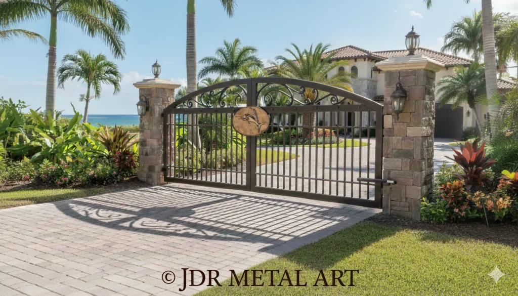 Custom ornamental driveway gate with a sailfish medallion design for a Palm Beach, Florida residence.