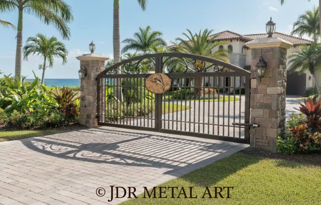 Custom marine grade aluminum driveway gate with sailfish medallion design installed at a Palm Beach, Florida estate.